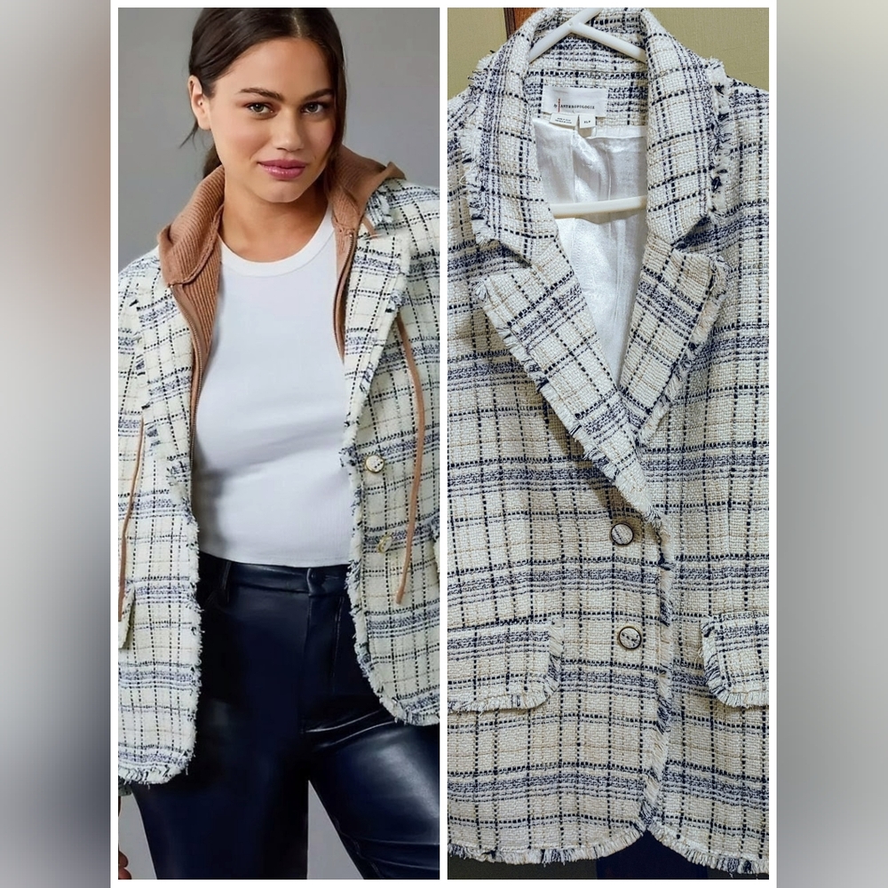 Anthropologie Plaid Blazer in Cream and Black